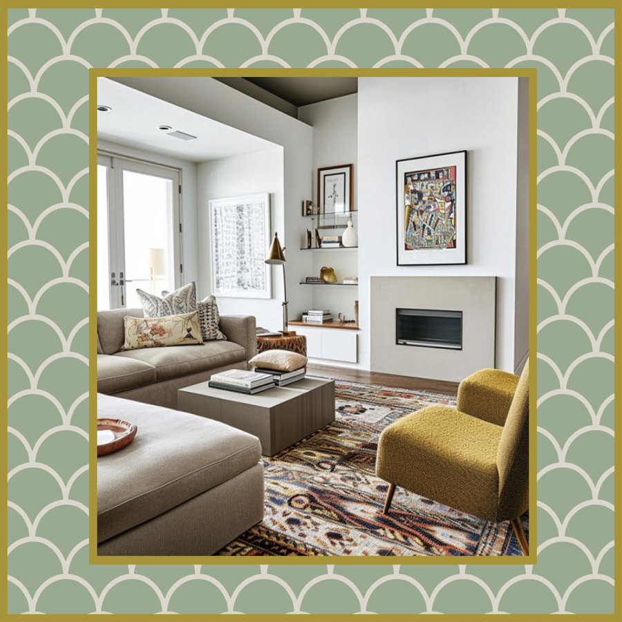 a living room with bright decor and lighting
